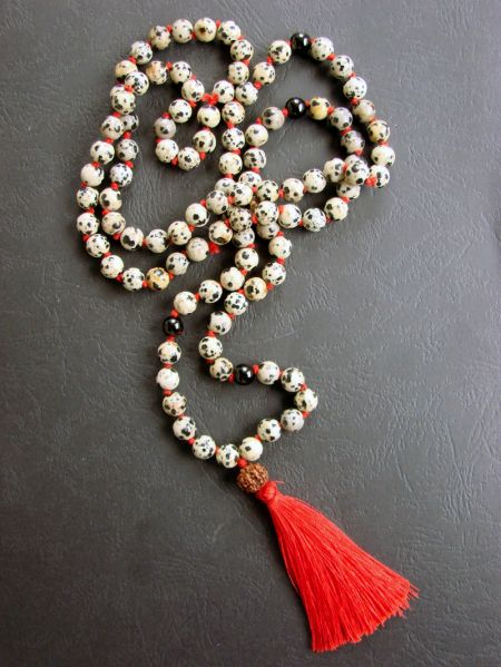 Dalmatian Jasper, Onyx and Rudraksha Necklace - Traditional Style